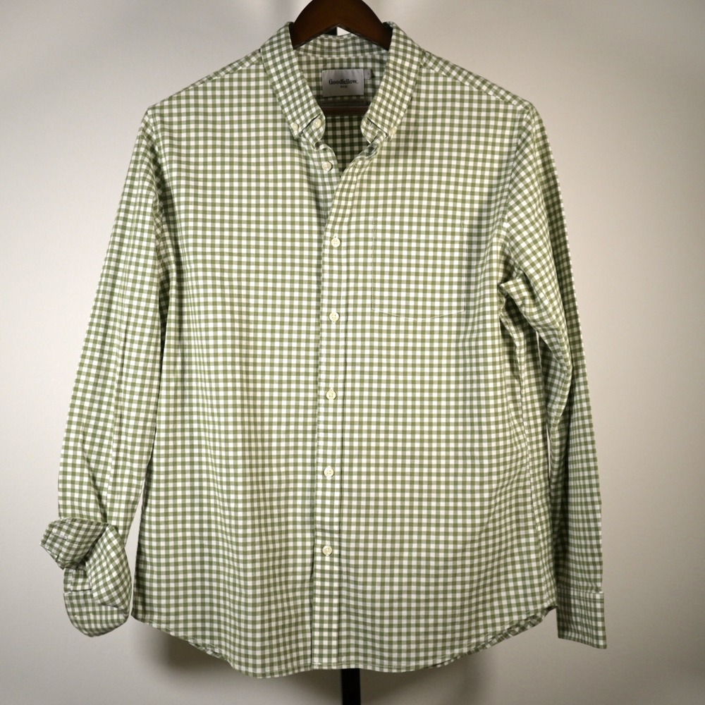 Goodfellow & Co Mens Green Gingham Slim Fit Every Wear Poplin Button Up Shirt L - Picture 2 of 8